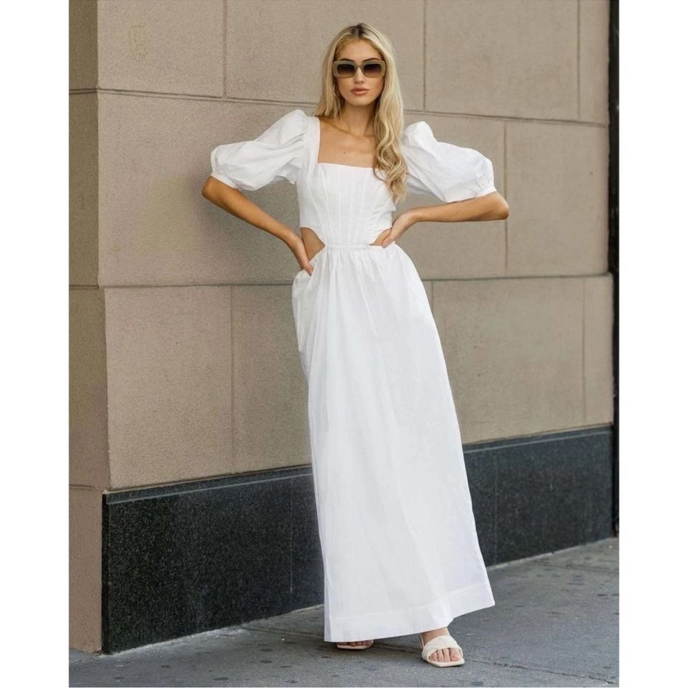 NWT $375 STAUD Astro Dress Maxi White Corset Puff Sleeves Waist Cutout XXS